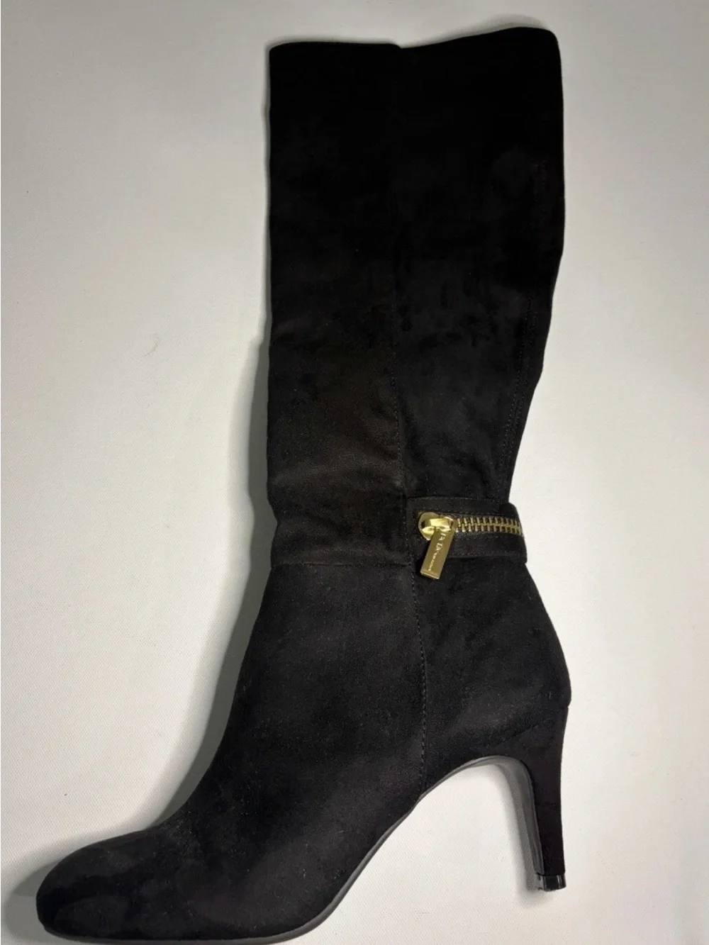 BCBG Black Over-the-Knee Suede Heeled Boots with Gold Zipper Detail